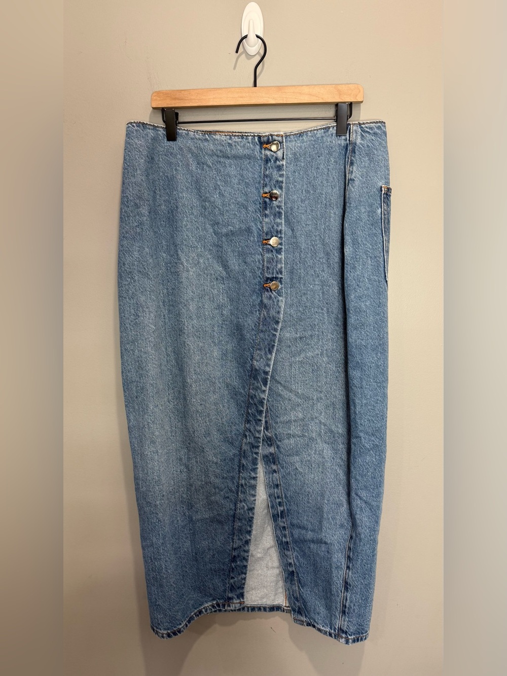 Classic Light Blue Denim Midi Skirt with Front Button Detail